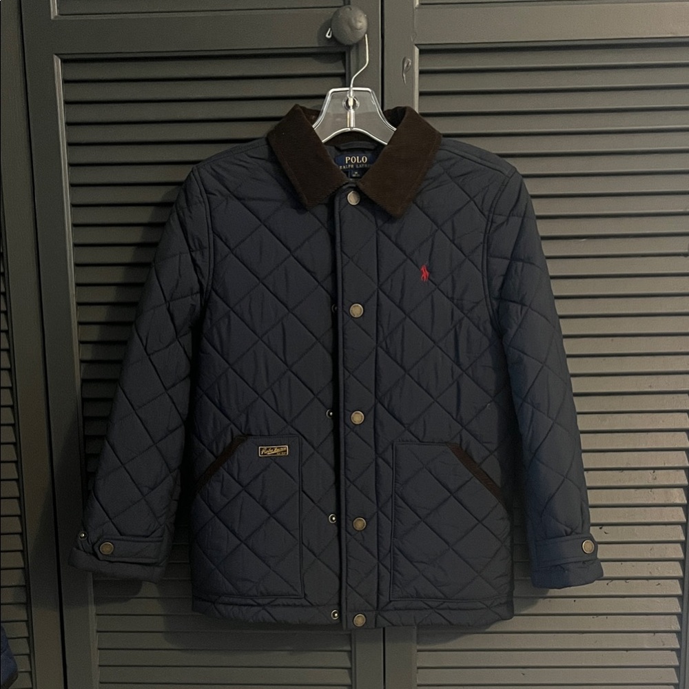 Polo by Ralph Lauren Boys’ Navy Blue Quilted Jacket with Brown Corduroy Collar